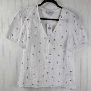 CeCe Bright White Cherry Design Cotton, V-neck top  Machine Wash SZ S